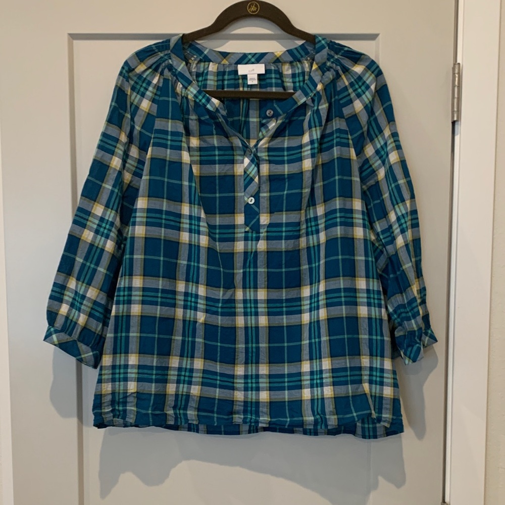 J. Jill Checkered Blouse - Teal and Yellow